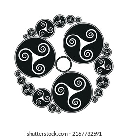 Triple celtic spiral design (variation of the Triskelion, also called Triskele) in black on white background – Version 2