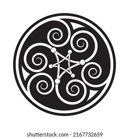 Triple celtic spiral design (variation of the Triskelion, also called Triskele) in black on white background – Version 4