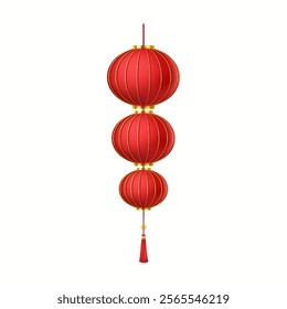 Triple Chinese lantern of paper realistic vector illustration. Lunar New Year celebration traditional accessory 3d object on white background