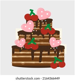 Triple Chocolate Cake decorated with hearts and red cherries