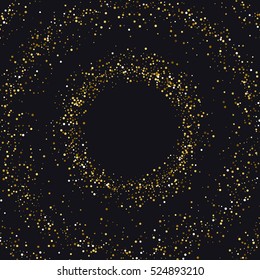 Triple circle of gold dust with lot of small particles different scale on black background.
