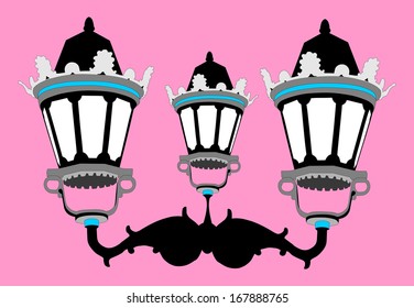 Triple city street lantern vector, isolated on pink background.