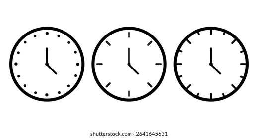 Triple clock icon. Monochrome dial group. Round time layout. Vector symbol.
