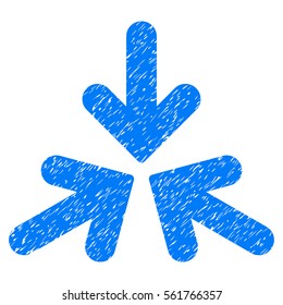Triple Collide Arrows grainy textured icon for overlay watermark stamps. Flat symbol with unclean texture. Dotted vector blue ink rubber seal stamp with grunge design on a white background.