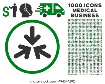 Triple Collide Arrows icon with 1000 medical commerce green and gray vector design elements. Design style is flat bicolor symbols, white background.