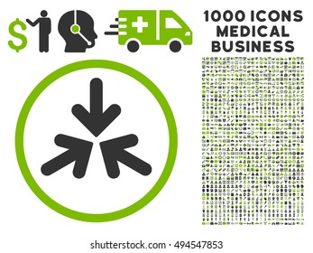 Triple Collide Arrows icon with 1000 medical commercial eco green and gray vector design elements. Design style is flat bicolor symbols, white background.