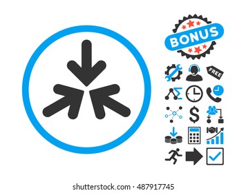 Triple Collide Arrows icon with bonus icon set. Vector illustration style is flat iconic bicolor symbols, blue and gray colors, white background.