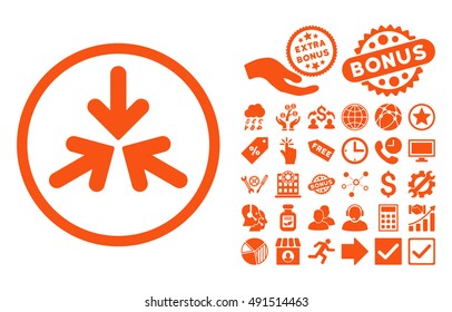 Triple Collide Arrows icon with bonus symbols. Vector illustration style is flat iconic symbols, orange color, white background.