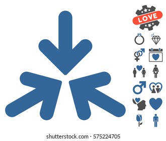 Triple Collide Arrows icon with bonus marriage symbols. Vector illustration style is flat rounded iconic cobalt and gray symbols on white background.