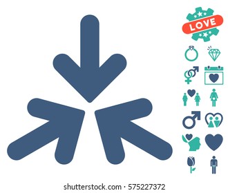 Triple Collide Arrows icon with bonus romantic icon set. Vector illustration style is flat rounded iconic cobalt and cyan symbols on white background.