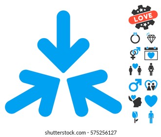 Triple Collide Arrows icon with bonus decoration design elements. Vector illustration style is flat rounded iconic blue and gray symbols on white background.