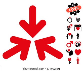 Triple Collide Arrows pictograph with bonus decoration images. Vector illustration style is flat rounded iconic intensive red and black symbols on white background.