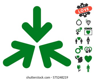 Triple Collide Arrows pictograph with bonus passion pictograms. Vector illustration style is flat rounded iconic green and gray symbols on white background.
