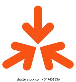 Triple Collide Arrows vector icon. Style is flat symbol, orange color, rounded angles, white background.