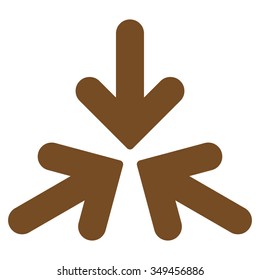 Triple Collide Arrows vector icon. Style is flat symbol, brown color, rounded angles, white background.