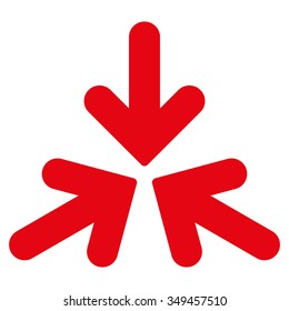 Triple Collide Arrows vector icon. Style is flat symbol, intensive red color, rounded angles, white background.