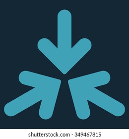 Triple Collide Arrows vector icon. Style is flat symbol, blue color, rounded angles, dark blue background.