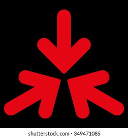 Triple Collide Arrows vector icon. Style is flat symbol, red color, rounded angles, black background.