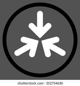 Triple Collide Arrows vector icon. Style is bicolor flat circled symbol, black and white colors, rounded angles, gray background.