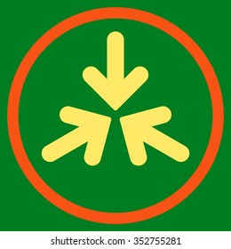 Triple Collide Arrows vector icon. Style is bicolor flat circled symbol, orange and yellow colors, rounded angles, green background.