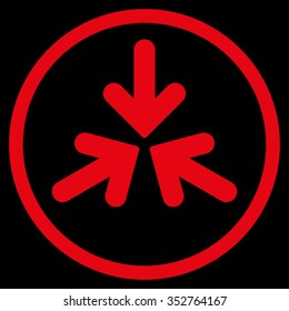 Triple Collide Arrows vector icon. Style is flat circled symbol, red color, rounded angles, black background.