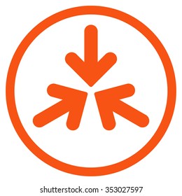 Triple Collide Arrows vector icon. Style is flat circled symbol, orange color, rounded angles, white background.