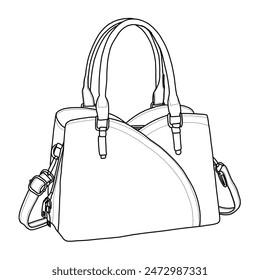 Bolsos y bolsos para las mujeres Moda de las señoras Satchel Bolso de la manija superior del hombro Línea de arte, contorno de la ilustración del garabato del Vector vista frontal, aislado sobre fondo blanco