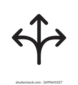 Icono de símbolo de navegación izquierda, recta y derecha de la señal de tráfico de la flecha de triple dirección sobre fondo blanco