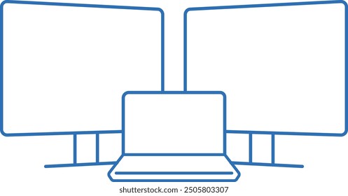 Triple display, editable line vector icon illustration of a computer monitor