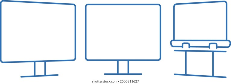 Triple display, editable line vector icon illustration of a computer monitor