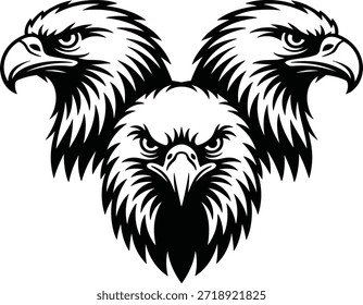 Ilustração de vetor preto e branco de cabeça de águia tripla, poderoso design de logotipo de mascote de águia calva isolado no fundo branco