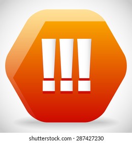Triple exclamation marks, exclamation points on rounded hexagon sign. Attention, warning, importance, emphasis concepts. Orange and yellow in colors. Vector.