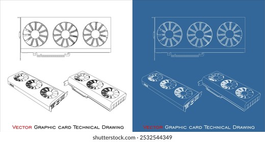 Triple fan GPU Graphic card vector blueprint line technical drawing isolated on transparent background 