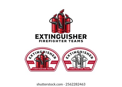 triple fire extinguishers with hose modern colorful and outline logo design. red fire extinguishers shield badge logo design set. for rescuer, survivor, patrol, safety equipment store and department 