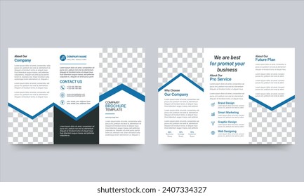 Triple fold brochure for business. The template is white with a blue color.