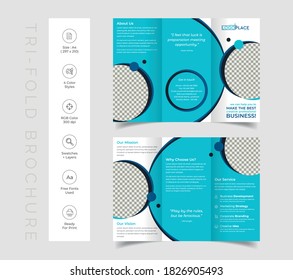 Triple folding corporate brochure for business and advertising. The template is white with a blue, green, cyan shape. Design for printing and advertising.