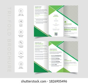 Triple folding corporate brochure for business and advertising. The template is white with a blue, green, cyan shape. Design for printing and advertising.