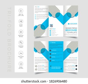 Triple folding corporate brochure for business and advertising. The template is white with a cyan shape. Design for printing and advertising.