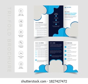 Triple folding corporate brochure for business and advertising. The template is white with a blue, orange, black, cyan, green shape. Design for printing and advertising.