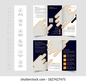 Triple folding corporate brochure for business and advertising. The template is white with a blue, orange, black, cyan, green shape. Design for printing and advertising.