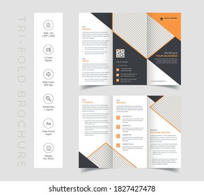 Triple folding corporate brochure for business and advertising. The template is white with a blue, orange, black, cyan, green shape. Design for printing and advertising.