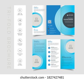 Triple folding corporate brochure for business and advertising. The template is white with a blue, orange, black, cyan, green shape. Design for printing and advertising.