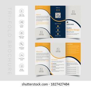 Triple folding corporate brochure for business and advertising. The template is white with a blue, orange, black, cyan, green shape. Design for printing and advertising.