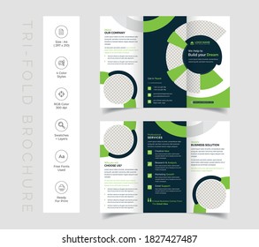 Triple folding corporate brochure for business and advertising. The template is white with a blue, orange, black, cyan, green shape. Design for printing and advertising.