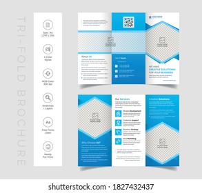 Triple folding corporate brochure for business and advertising. The template is white with a blue, cyan, shape. Design for printing and advertising. Creative tri-fold. Corporate business template.