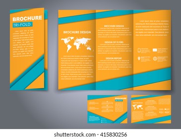 Triple folding flyer (brochure) in the style of the material design. Template for advertising and printing.  yellow and blue sheets. Vector illustration