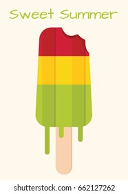 Triple fruit popsicle ice cream sweet summer dessert, Flat design, Vector Illustration