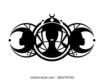 Triple goddess, beautiful women, symbol of moon phases. Hekate, mythology, Wicca, witchcraft. Triple Moon Religious Wiccan sign. Logo Neopaganism symbol. Crescent, half, and full moon vector isolated svg