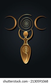 Triple goddess of fertility, Wiccan Pagan Symbols, The spiral cycle of life, death and rebirth. Wicca woman mother earth symbol of sexual procreation, gold vector isolated on black background
