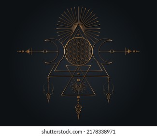 Triple diosa y flor de la vida, Geometría sagrada de oro, triángulos tribales, fases de luna al estilo chamán boho. Astrología, alquimia y símbolos mágicos. Vector dorado aislado en fondo negro 